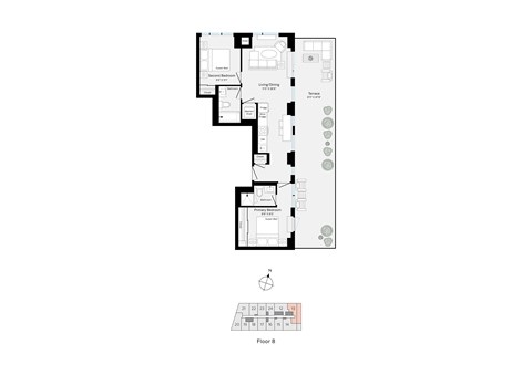 Floor plan for 2 beds, 2 baths, 781 sqft